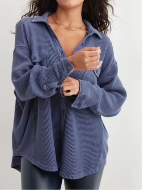 Aerie Lumberjane Waffle Shirt Size Small Oversized Shacket Knit Blue